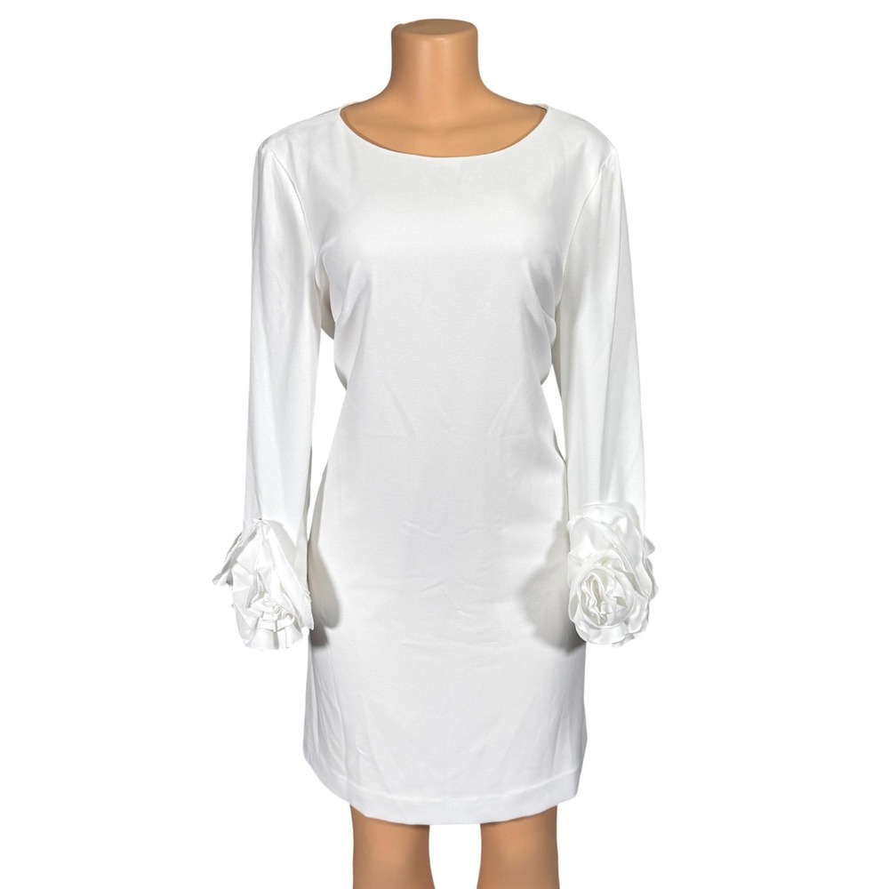 Preston & York White Shift Dress with 3D Rosette Floral Cuffs‎ Size 12 NWT